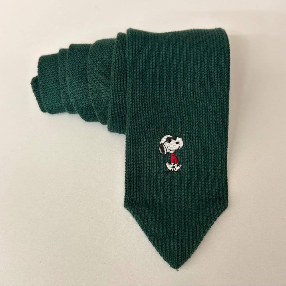 Vintage Peanuts Joe Cool Snoopy Knit Tie Forest Green 100% Cotton Made in USA